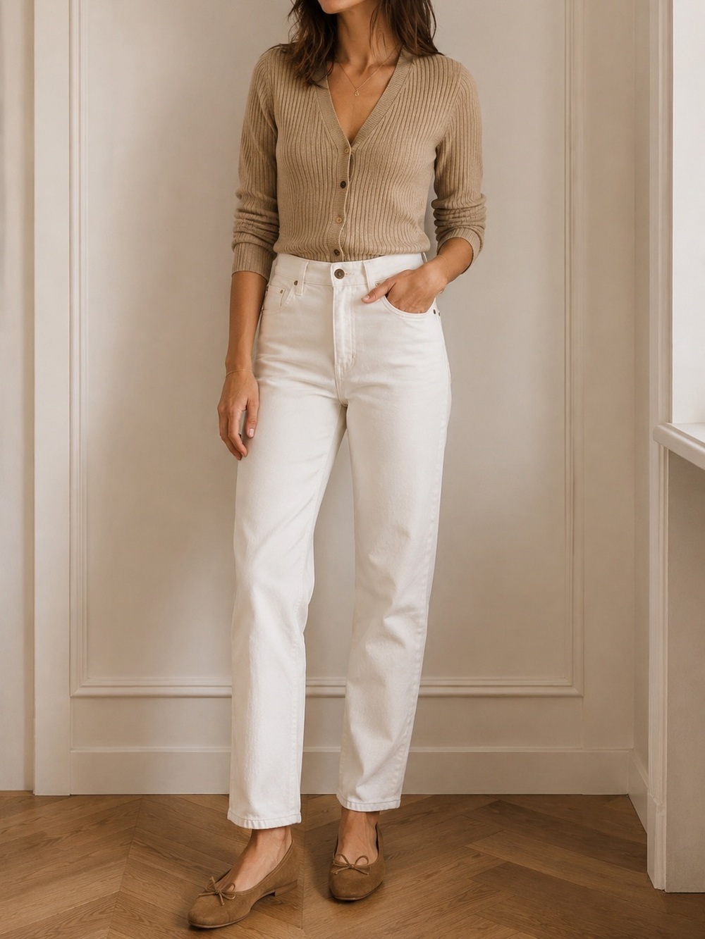 Sézane Denim Womens White Straight Leg Jeans High Rise 5 Pocket Classic Ecru 26